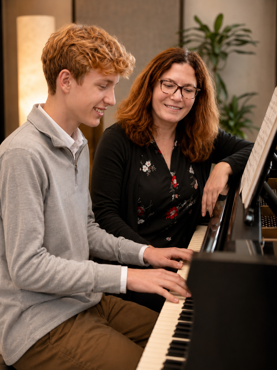 Erica LeRoy guiding a teenage student at the piano