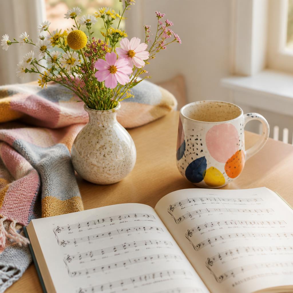Open sheet music, glasses, and a warm mug of tea on a light oak surface