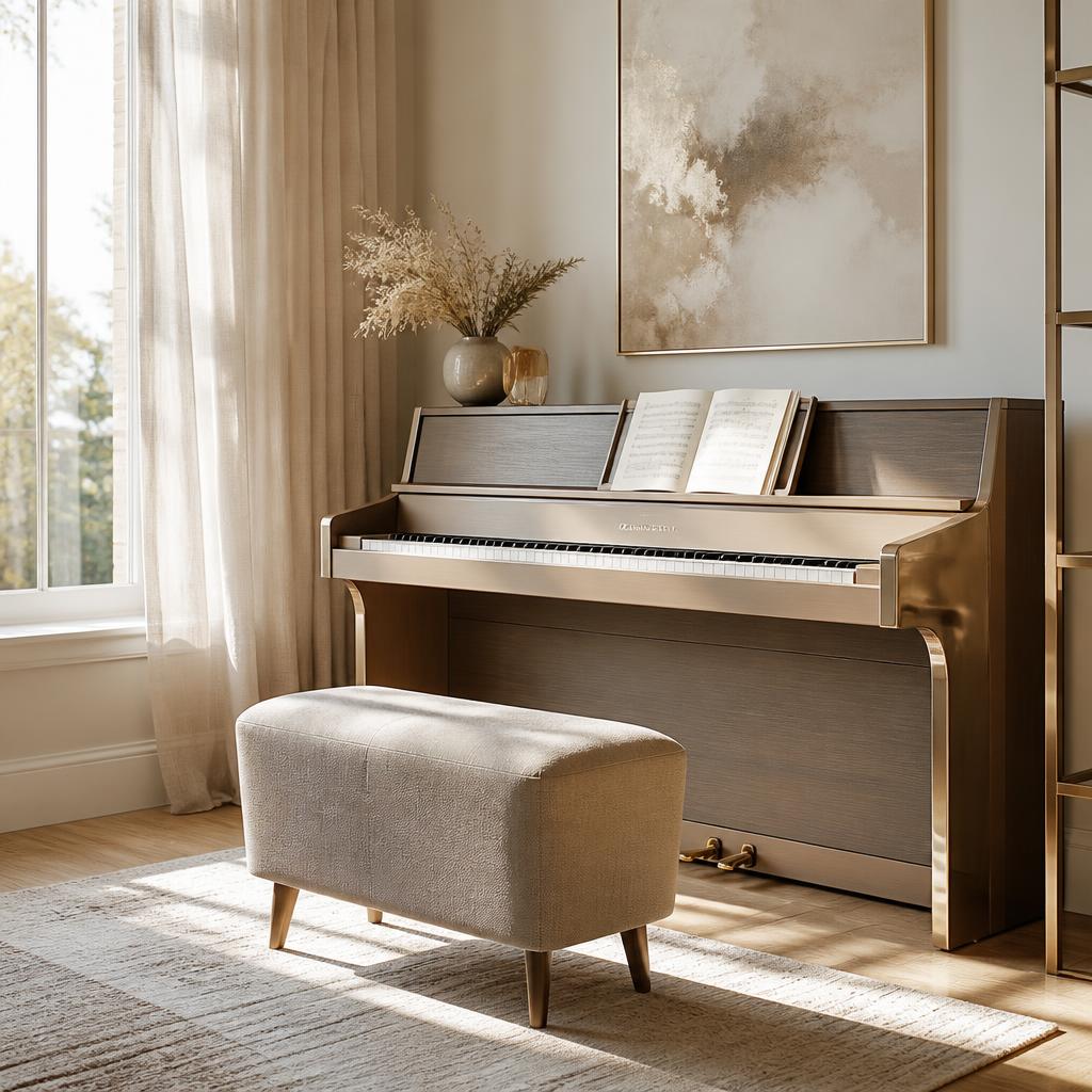 Metronome and sheet music on a walnut piano